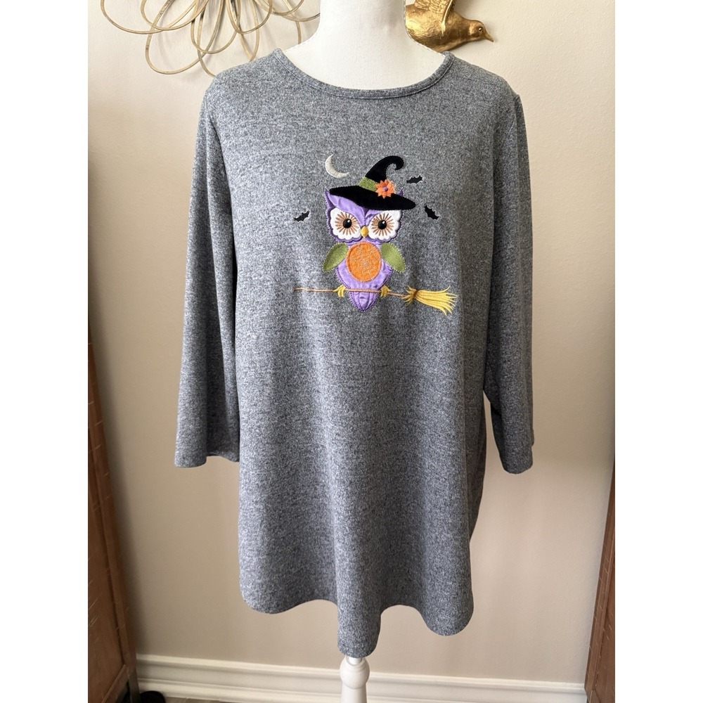 Indigo Soul Women XL Halloween Owl Witch Tunic Top Gray Embroidered Applique